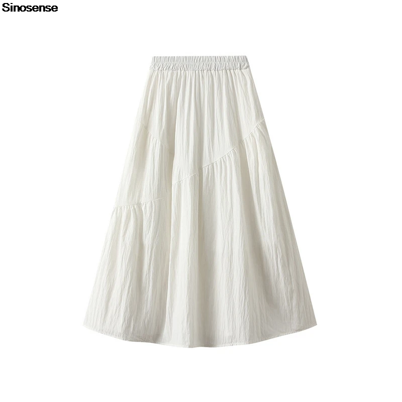

Womens Cotton Elastic Waist A Line Midi Skirt Summer High Waist Ruched Flare Flowy Casual Skirts Solid Elegant Work Office Skirt