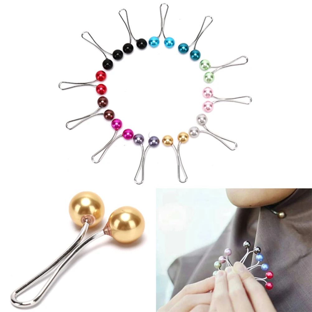 12pcs Pearl Scarf Brooch Pin Headscarf Shawl Scarf Lady Muslim Scarf Hijab Clip Pin Fixed Strap Anti Slip Brooch Women Accessory