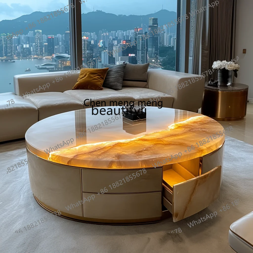 G153 Luminous jade luxury stone leather coffee table light luxury villa large flat modern living room round coffee table
