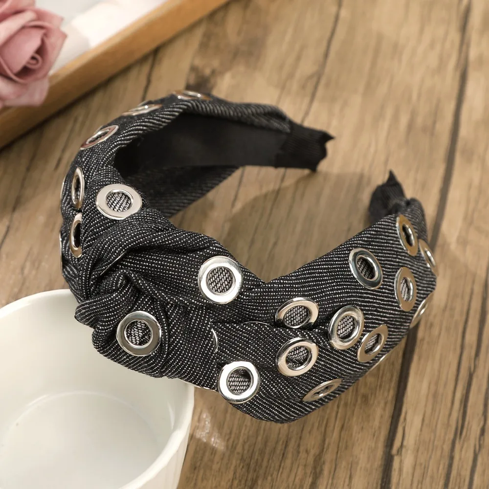 

Hair Accessories Y2K Denim Headband Metal Personalized Punk Hairband Steampunk Wide Hollowed Out Eyelets Headband Girls