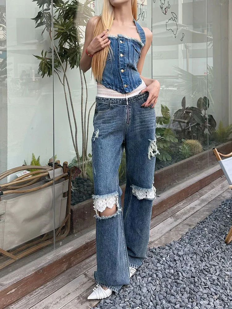 y2k spring and summer do old torn lace splicing high-waisted cotton Jeans2024 casual straight wide-leg pants Woman pants