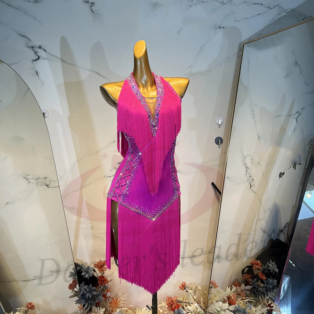 

Latin Dance Costume AB Stone Female Adult Children High-End Customized Hanging Neck, Rose Red Tassel Samba Performance Dress
