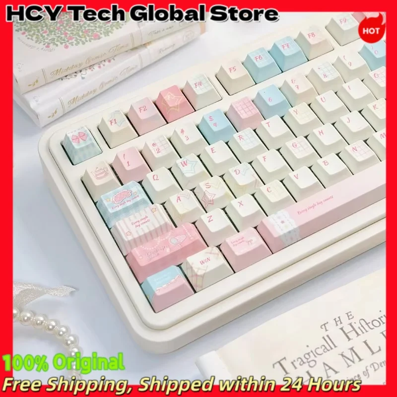 HCY Kawaii Sweet Pink Plaid Bow PBT Keycaps Cherry Profile 5-Side Dye Sub Wearproof MX Cross Stem Keycaps For 60 65 75 Alice KBD