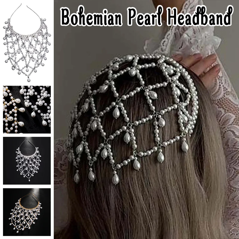 

2025 Bohemian Pearl Headband for Women Vintage Hair Accessories with Mesh Cap and Headwear Girls Retro Wedding Jewelry Charming
