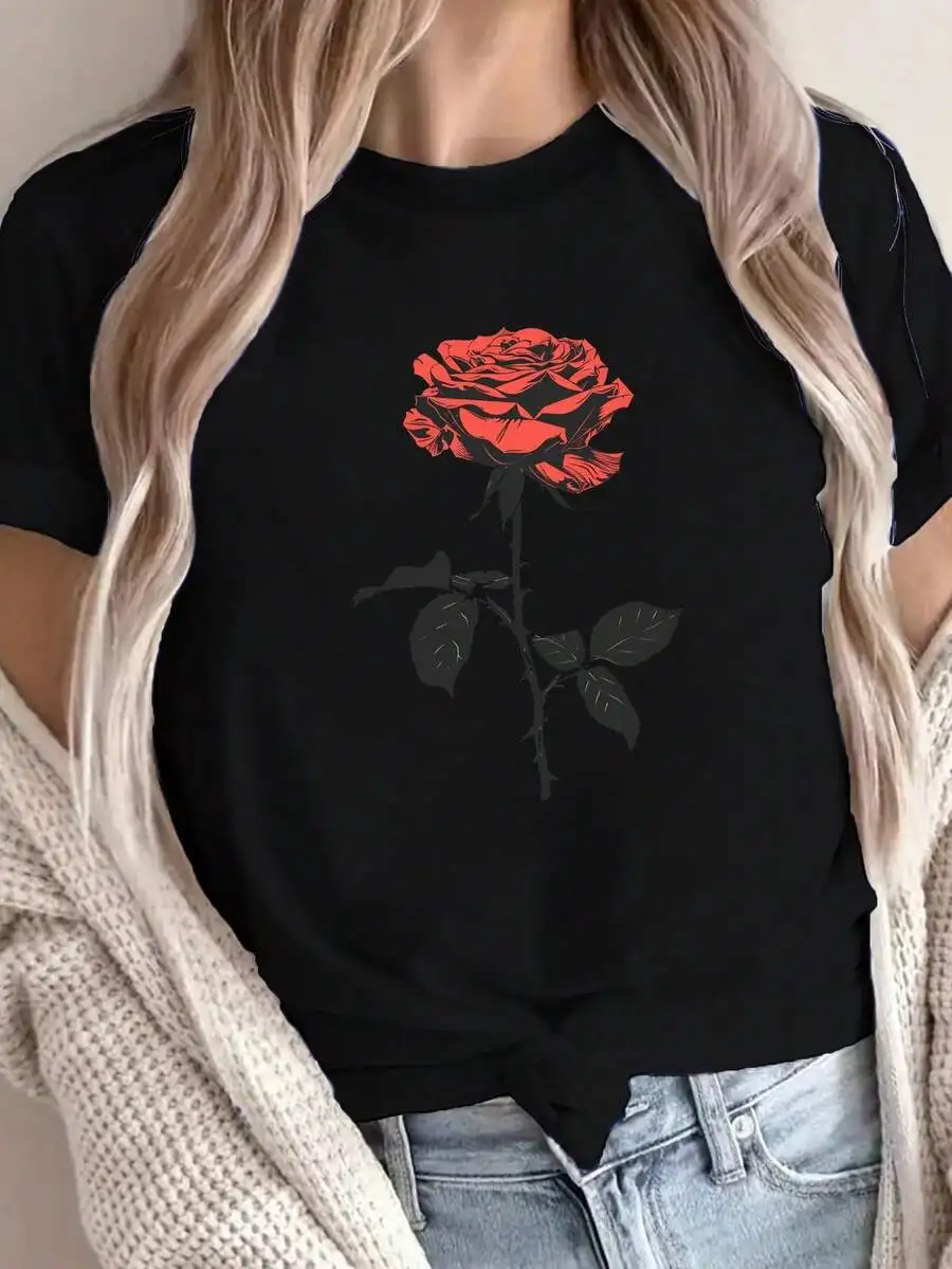 Elegance Rose Pure Minimalist Graphic Print Women Short Sleeve T‑Shirt Crew Neck Comfort Fit Casual Versatile Ladies Top