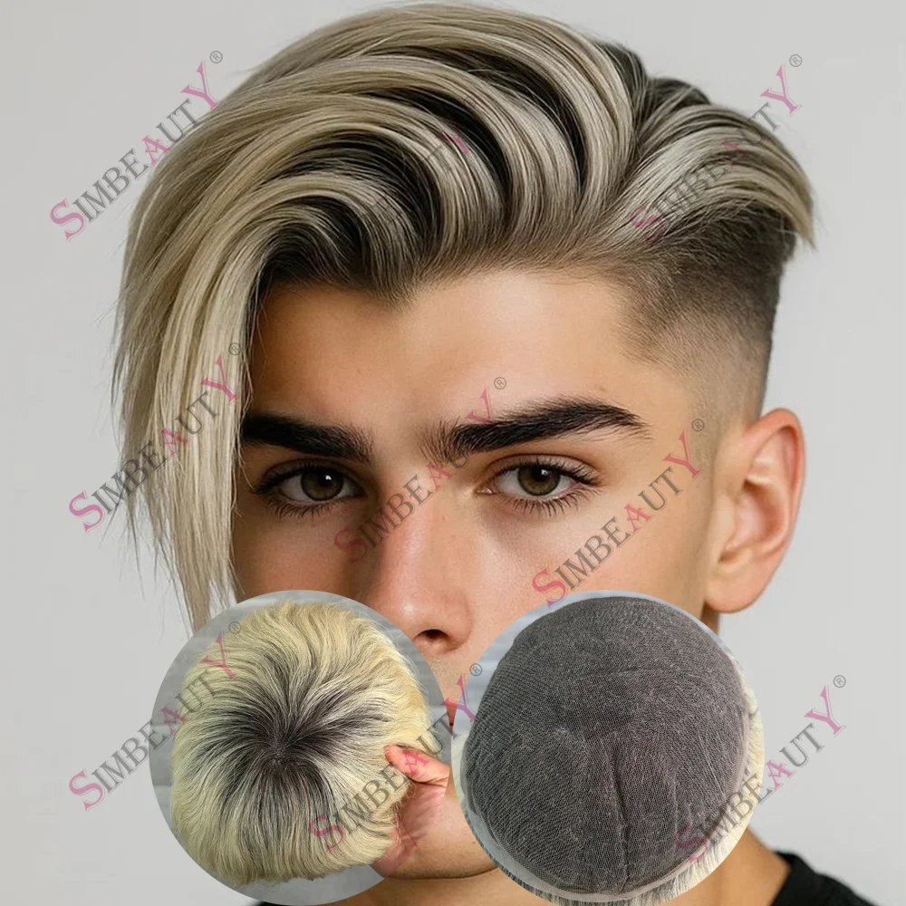 

Black Roots 1BT613# 1BT60# Ombre Blonde Full French Lace Male Hair Prosthesis Breathable Toupee Platinum Human Hair Men's Wigs