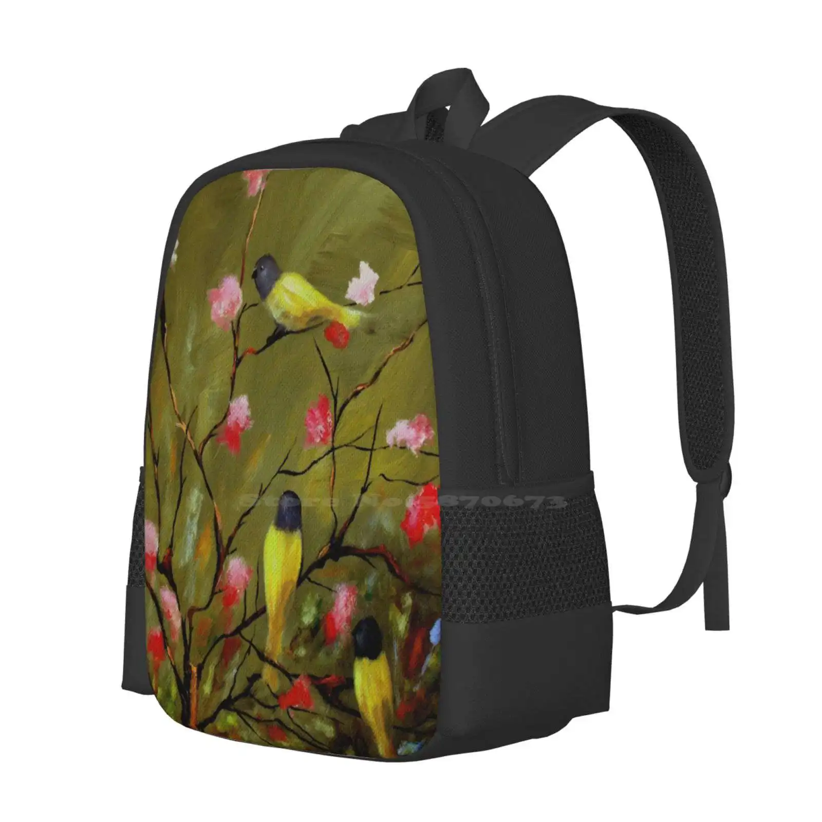 Three Tweets Backpack For Student School Laptop Travel Bag Decorative Yellow Birds Abstract Acrylic Floral Nature Animals Bush