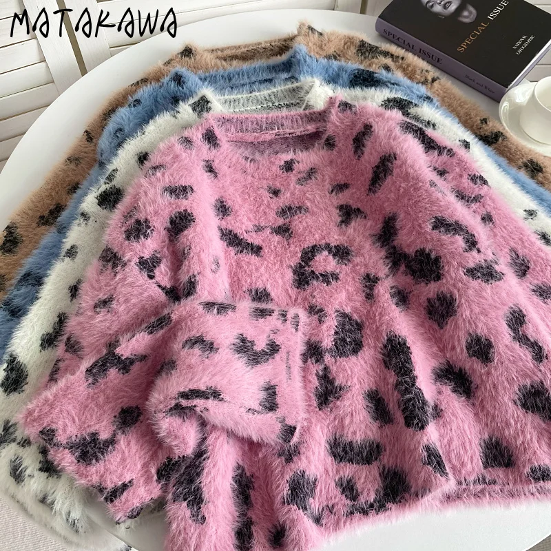 

Matakawa Y2k Clothes Leopard Woman Sweaters Mink Cashmere Vintage Warm Pullovers Korean Fashion Thick Loose Pull Femme