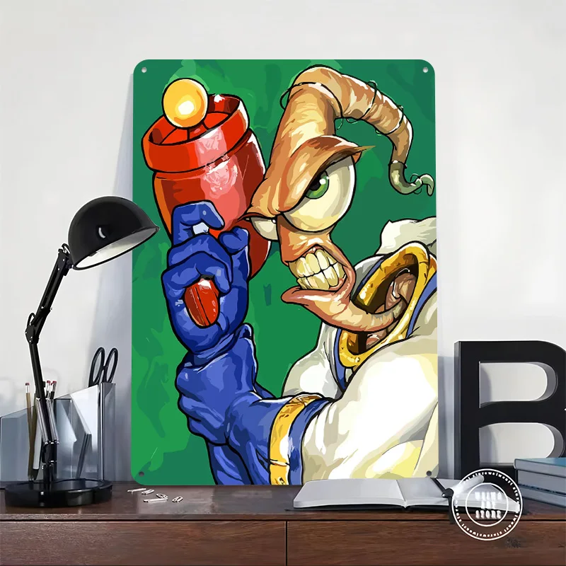 Earthworm Jim With Blaster Personalized 3D Textured Metal Poster Wall Art Tinplate Sign for Office Decor Room Bar Accessories