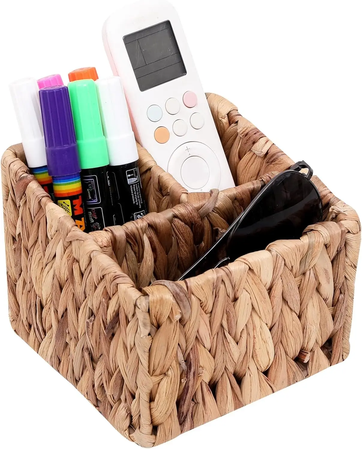 

Woven Water Hyacinth Storage Basket with 3 Compartments, Cosmetic Box for Desk Organization