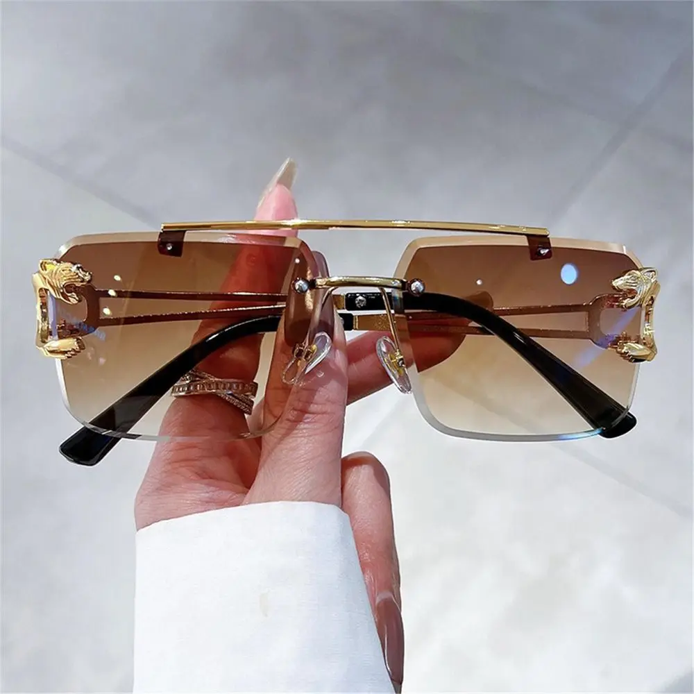 

Trendy Double Bridge Rimless Sunglasses Metal UV400 Cheetah Decor Sun Glasses Gradient Eyewear for Women & Men