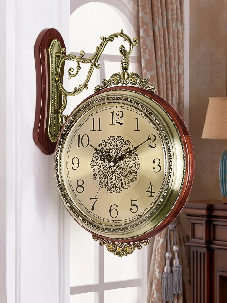 European-Style Double-Sided Clock Wall Clock Living Room Creative Pocket Watch Mute Metal Quartz Clock Solid Wood Clock