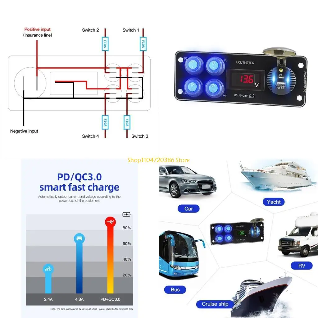 

K0EA 12-24 V Car Charger with 4 Switch Modified Panel Combination Car Room Wheel Ship Gen-eral Switch Panel Car Charger