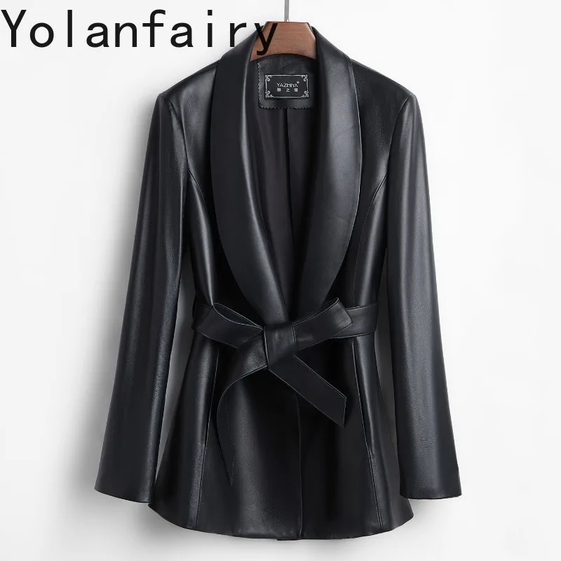 YOLANFAIRY 2026 Spring Autumn Genuine Sheepskin Trench Coat Women Mid Length Luxury Real Leather Coat Elegant Lace-up Outerwear