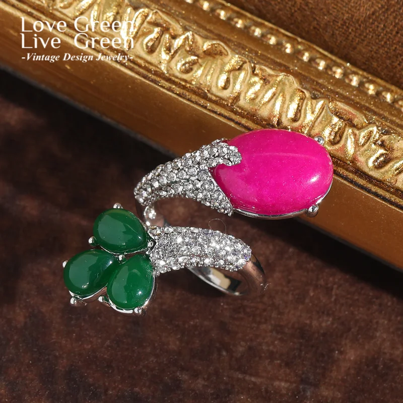 

Vintage Rose Red Green Flower Rings For Woman Gold Color Rhinestone Accessories Jewelry Luxury Designer High Quality Party New