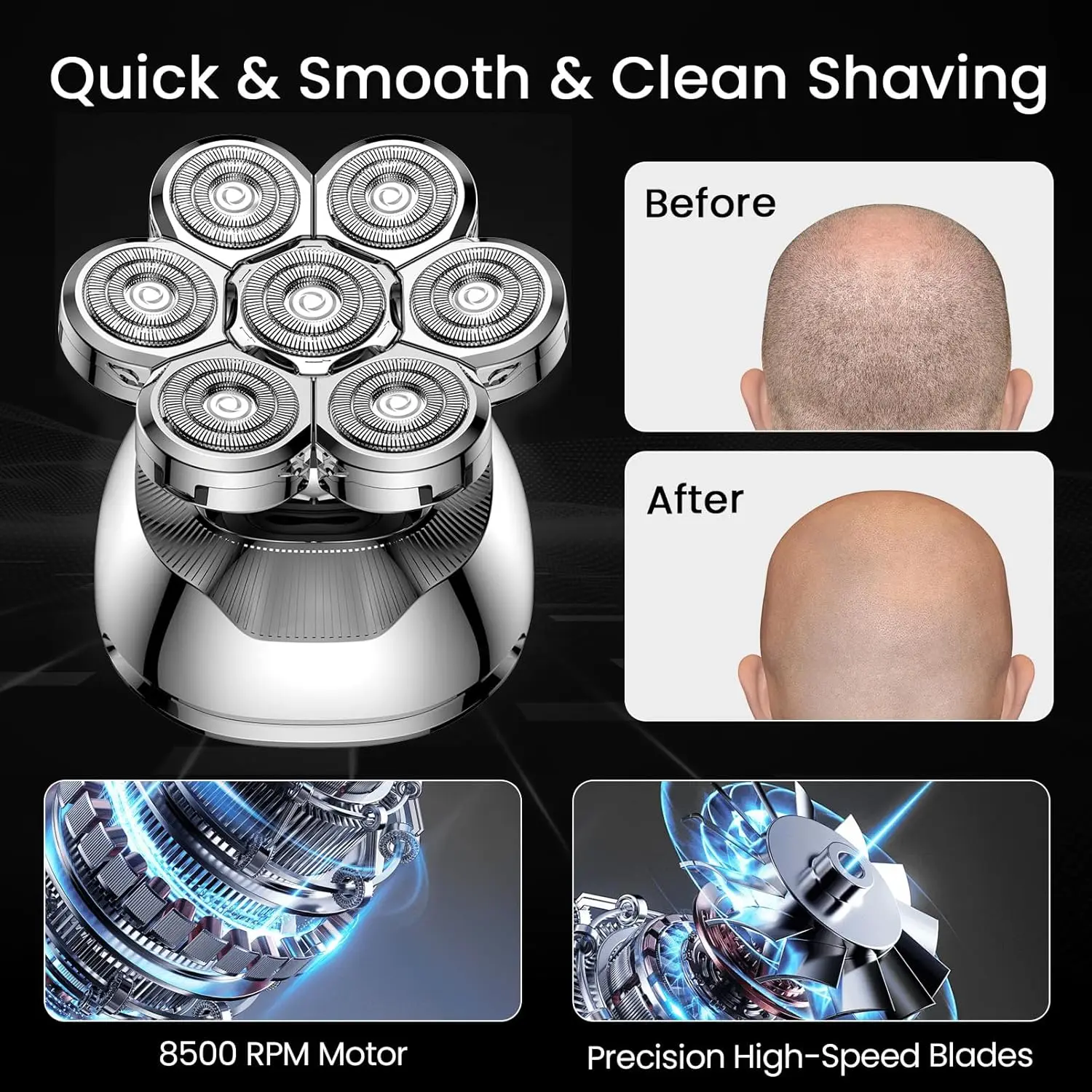 Bald Head Shavers for Men, Wet Dry Man Electric Razor for Head Face Shaving Waterproof, Cordless 7-Blade Shaver for Men Head, Re