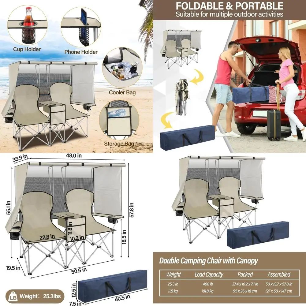 

Double Camping Loveseat with Shade and Cooler, Portable Beach Chair for Outdoor Fun - White