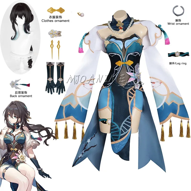

Ruan Mei Cosplay Costume Honkai Star Rail Wig Dress Uniform Headwear Scholar Genius Society Earrings Pearl Necklace