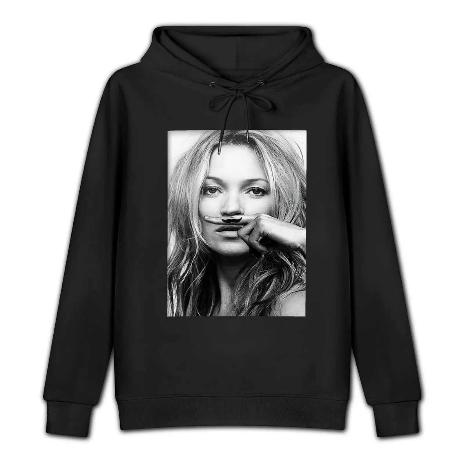 Kate Moss, Mustache, Black and White Photograph Pullover Hoodie autumn clothes japanese style mens hoodies