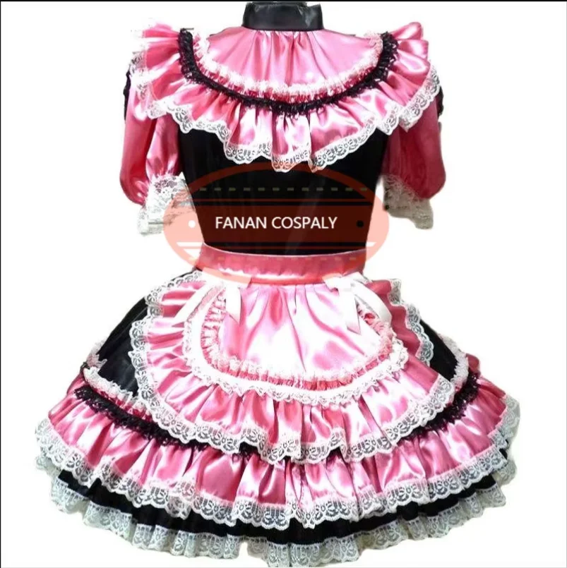 

Fashion Adult Giant Baby Sexy Pink Satin Dress Black Apron Sissy Makeup Prom Maid Dress Custom Lockable Multiple