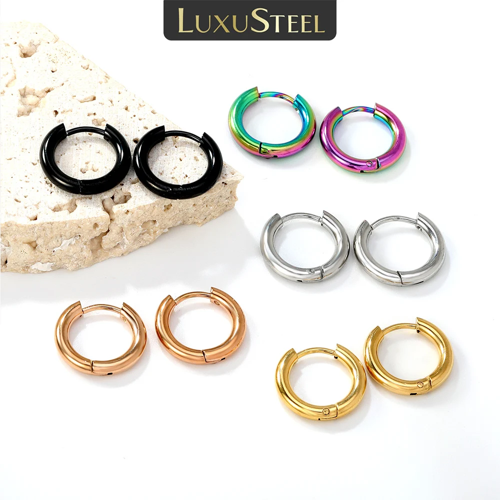 LUXUSTEEL Women's Stainless Steel Small Hoop Earrings 1/5/10 Pairs Round Circle Punk Style Jewelry for Men And Women 5 Colors