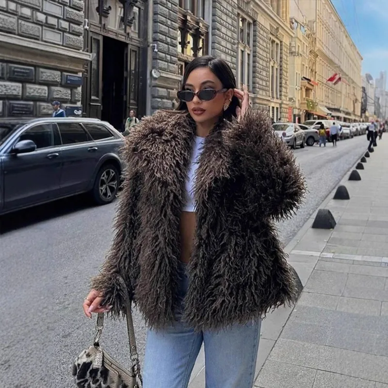 Fl 2025 inverno lulicore moda marrom casaco de pele do falso feminino chique outono quente fofo jaqueta de pele de ovelha grande gola de pele novo