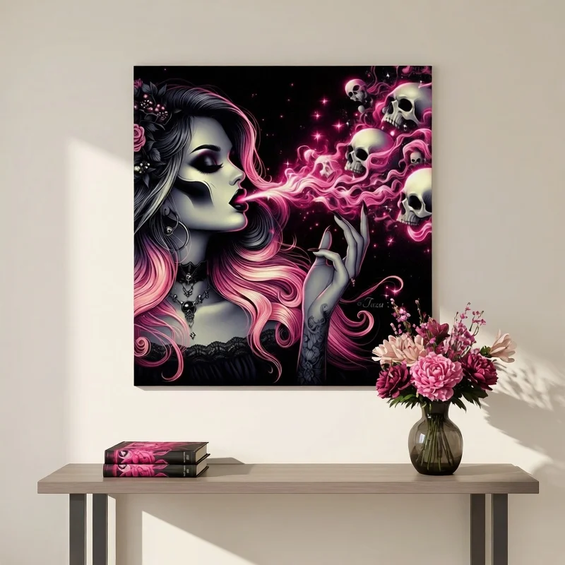 Gothic Skull Girl Tapestry - Pink Smoke & Skulls Art, Dark Fantasy Wall Decor, Grunge Style, Polyester, Multiple Sizes