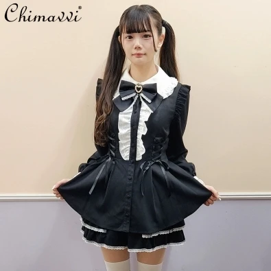 Traje SC de estilo japonés para mujer, conjunto de dos piezas con vendaje de lazo, vestido de encaje ajustado, pantalones cortos, Lolita