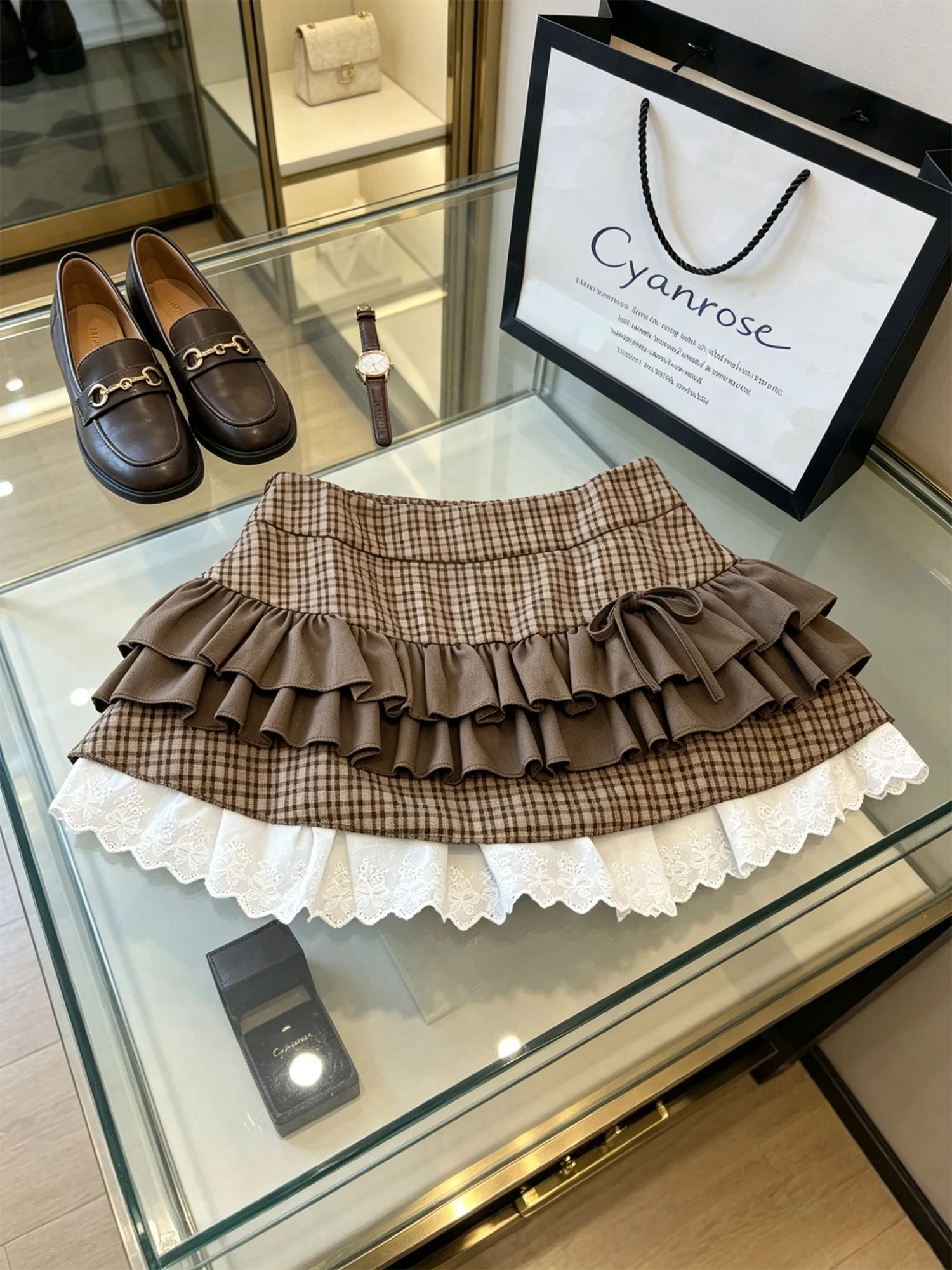 Falda de Mujer con Parches de Encaje a Cuadros Marrones, Estilo Y2K Gyaru Vintage Harajuku, Falda en A de Cintura Alta, Minifalda Tutú para Mujer, Verano 2026