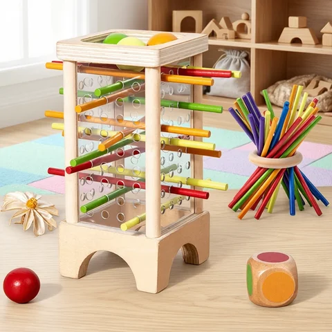 Wooden Stick Board Game Parent Child Interaction Montessori Wooden Toys, 4-sided Acrylic Cylinder Game, Stick Picking Game