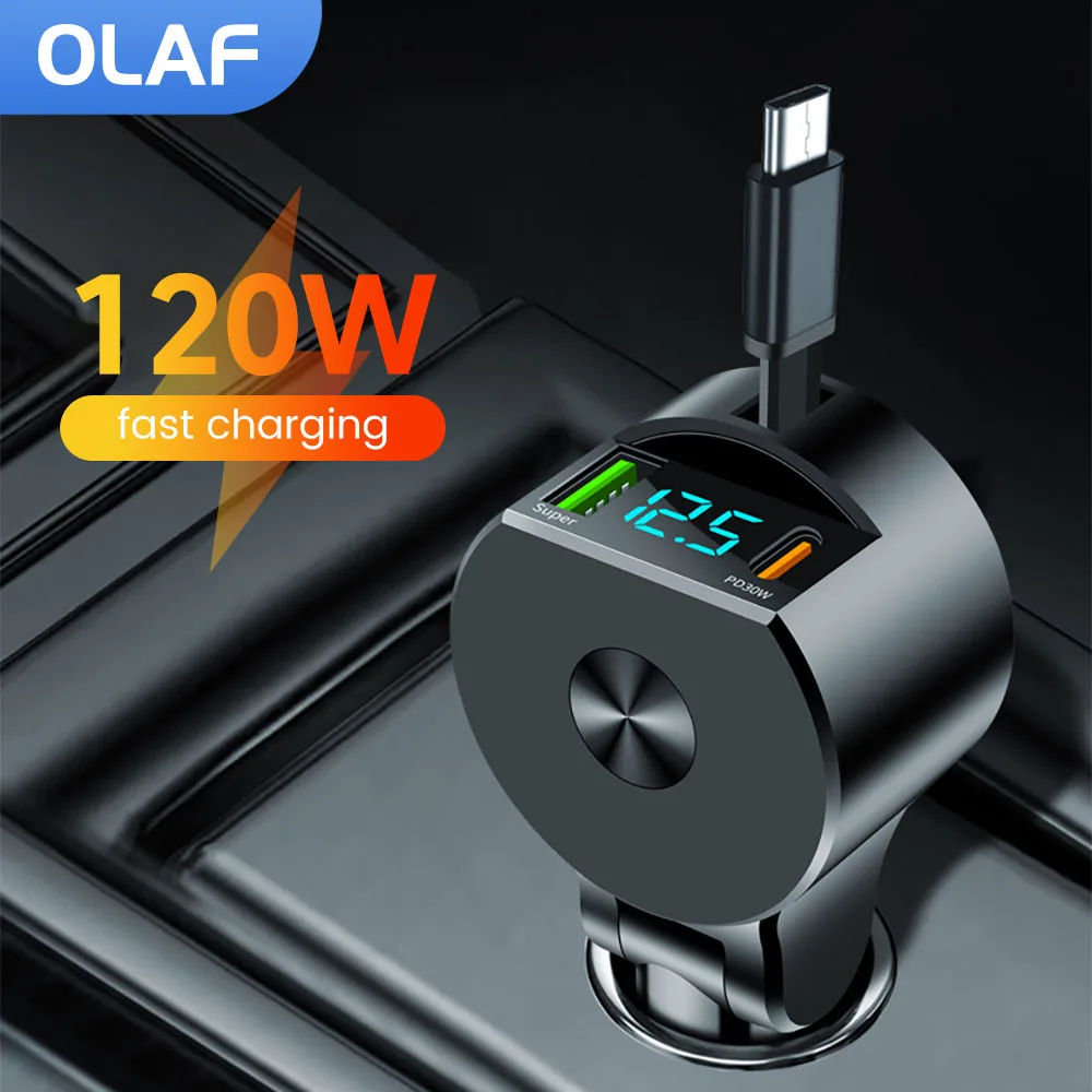 120W Scalable Car Charger Fast Charging PD QC3.0 Digital Display Retractable Cable USB Type C Car Lighter Charger Adapter