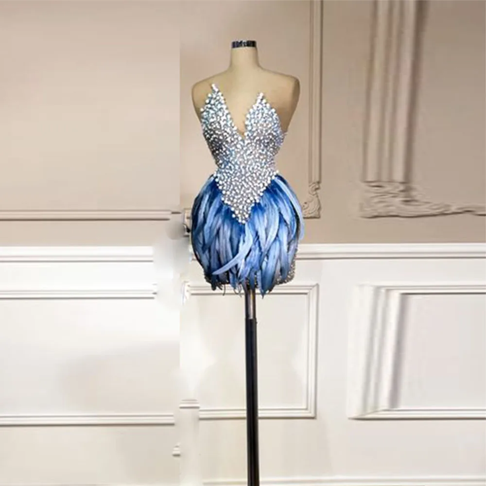 Sexy Beaded Strapless Prom Dresses Feather Above Knee Evening Gowns Girls Short Cocktail Party Dress Women Formal Wear