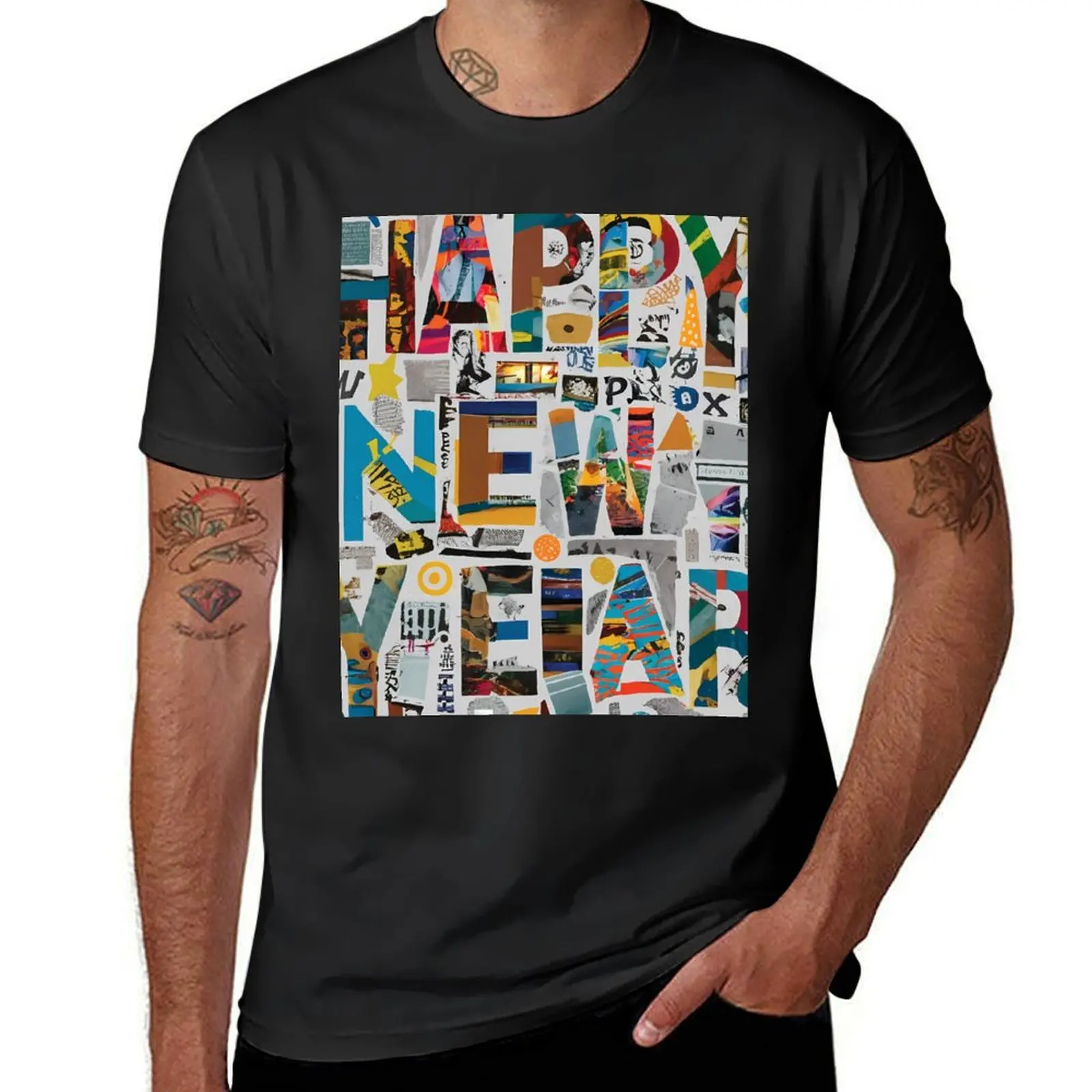 

Happy New Year Collage Art T-Shirt blanks Blouse vintage fitted t shirts for men