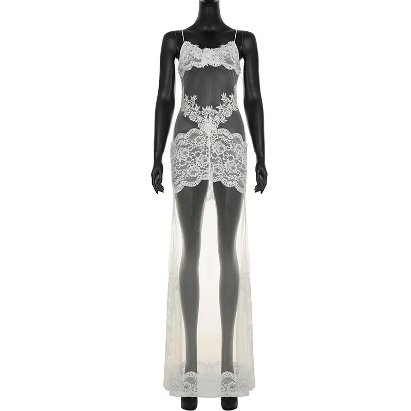 Women's Sexy Mesh Lace Sleeveless V-neck Casual Trendy Suspender Dresses Female Clothes American European Summer New Fashion