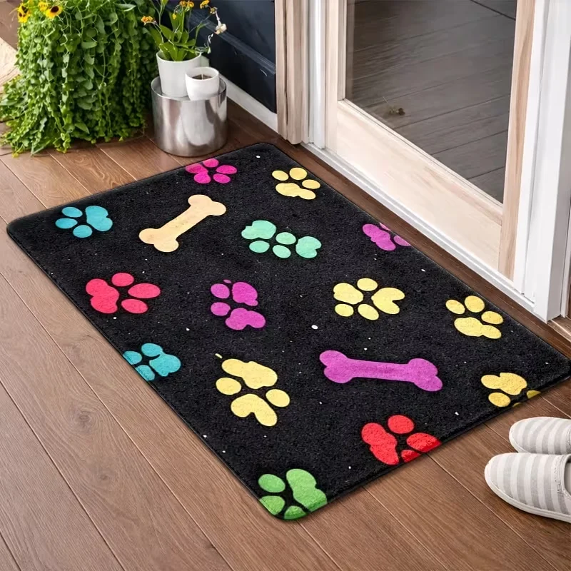 Color Patchwork Floral Paw Print Door Mat Non Slip Entrance Doormat Cute Pet Footprint Pattern Floor Rug for Bedroom Decor