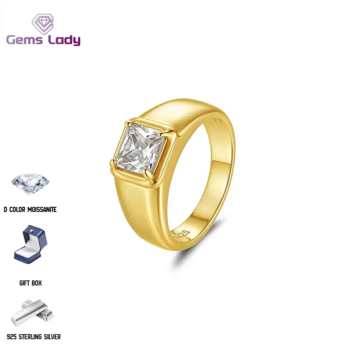 

GEMS LADY 7*7 мм Кольцо принцессы с муассанитом для мужчин и женщин, серебро 925 пробы, покрытие 18 карат, изысканное классическое ювелирное изделие в стиле хип-хоп, подарок на вечеринку