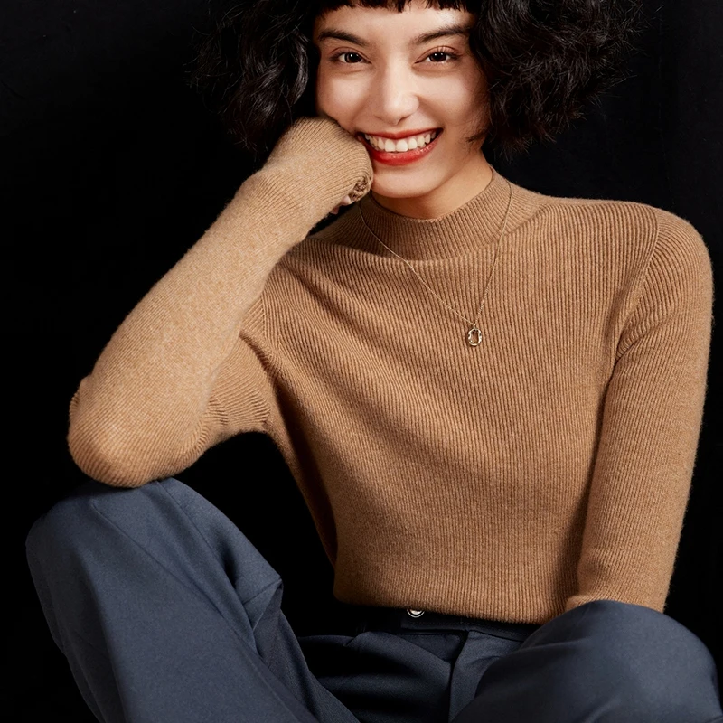 

100% seamless slim fit cashmere women's semi high neck sweater for autumn and winter tight fitting pullover with solid color top