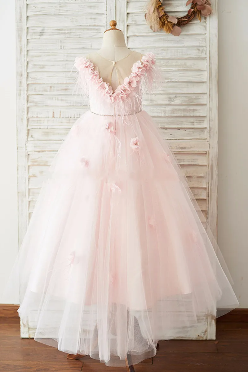 라이트 핑크 공주 긴 꽃 소녀 드레스 어깨 꽃 깃털 레이어 Tulle Kids First Communion Dress