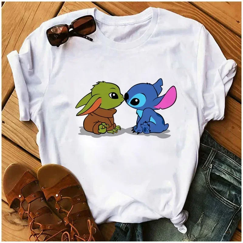 Wars Stitch Baby Yoda Women t-shirt Cartoon Tees gwiazda śmieszne koszulka damska białe luźne bluzki dziewczyny Y2K ubrania topy