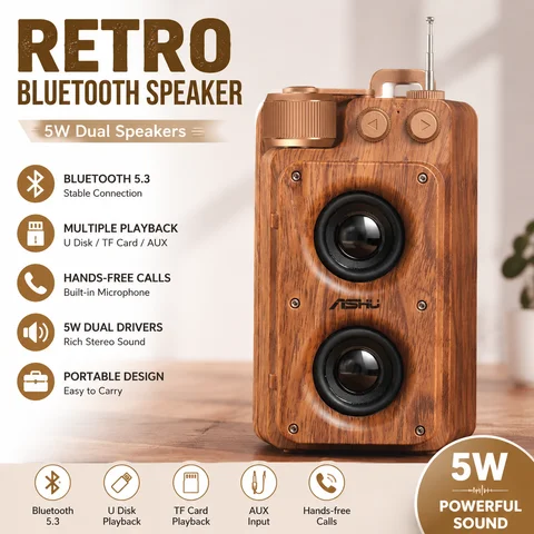 Retro Bluetooth Speakers 5W Dual Horn Drive Wood Grain Nostalgic Portable Mini Speaker with FM Radio for Birthday Christmas Gift