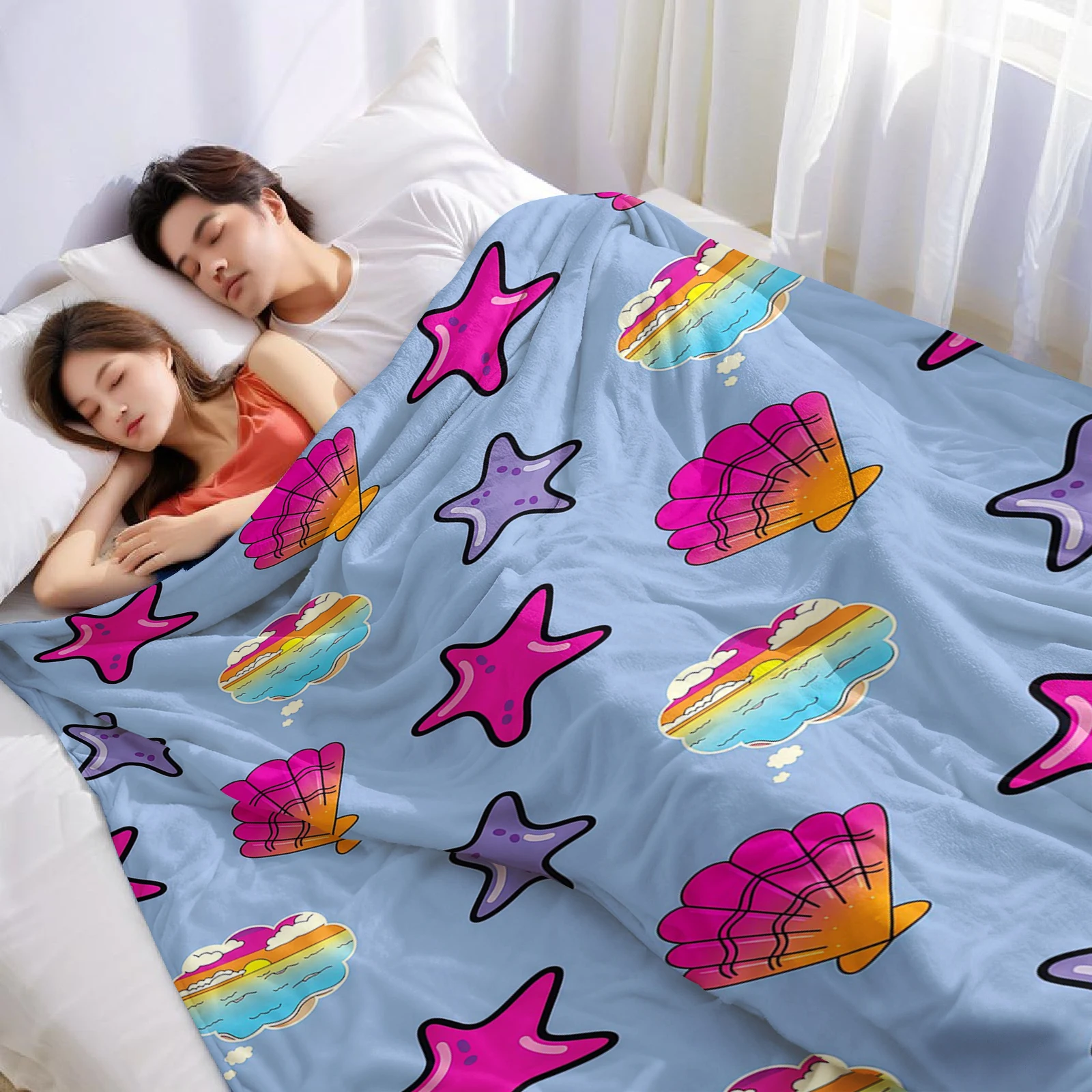 Blue Ocean Shells Lightweight Microfiber Soft Christmas Fleece Blanket Warm Cozy Throw for Bed Sofa Office Travel All Season