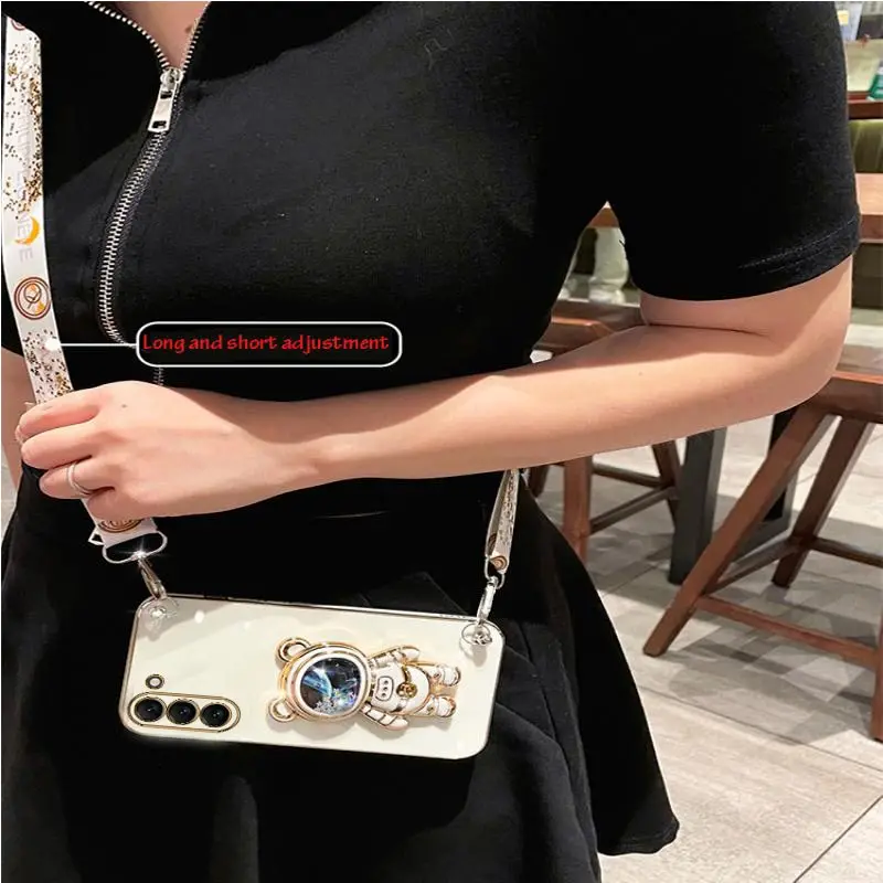 Astronaut Lanyard Strap Phone Case For Samsung Galaxy S23 S20 S22 S21 S10 S9 S8 Note 10 20 8 9 Plus Ultra S20 Fe Stand Cover