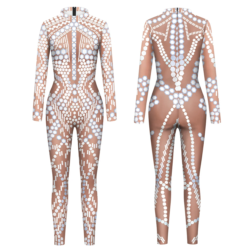 VIP FASHION Huidskleur Strass Print Jumpsuit voor Vrouwen Elegante Zentai Body Lady Festival Catsuit Cosplay Party Kostuum