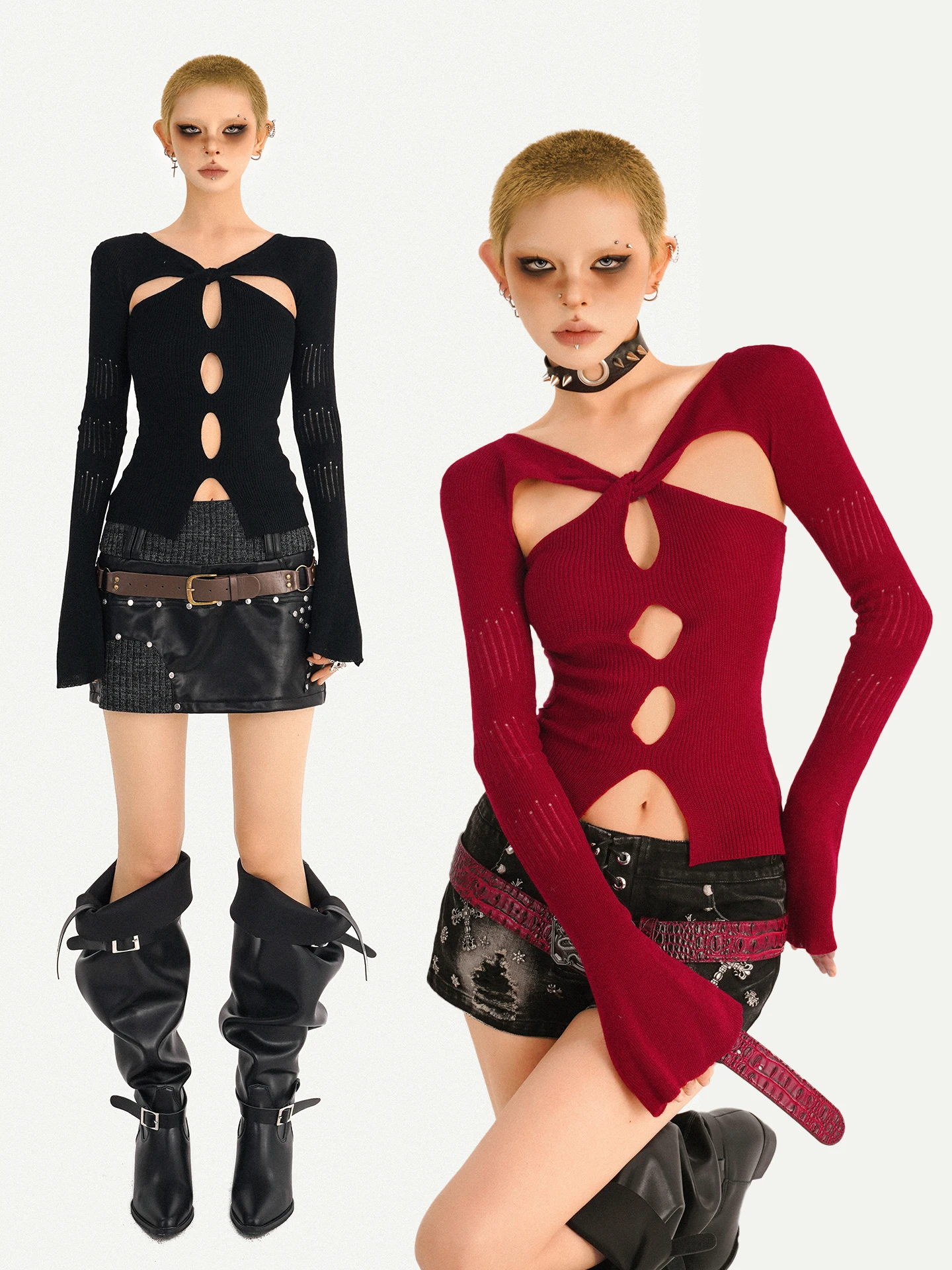 

Nico Molly Spicy Girl Style Knitted Hollow out Long Sleeve Women's Slim Fit Design Sense Top Twist Knot Knitwear
