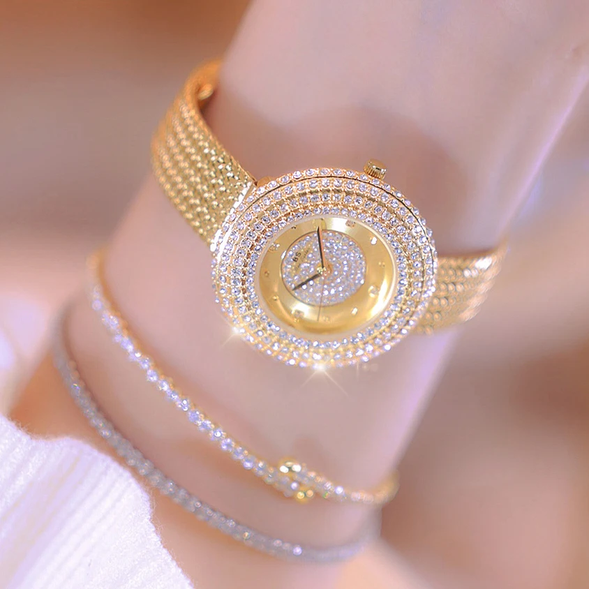 Relógios femininos de diamante relogio feminino com pulseira de malha ultrafina dourada para mulheres Relógio de pulso de quartzo com mostrador de cristal de luxo Relógio feminino da moda