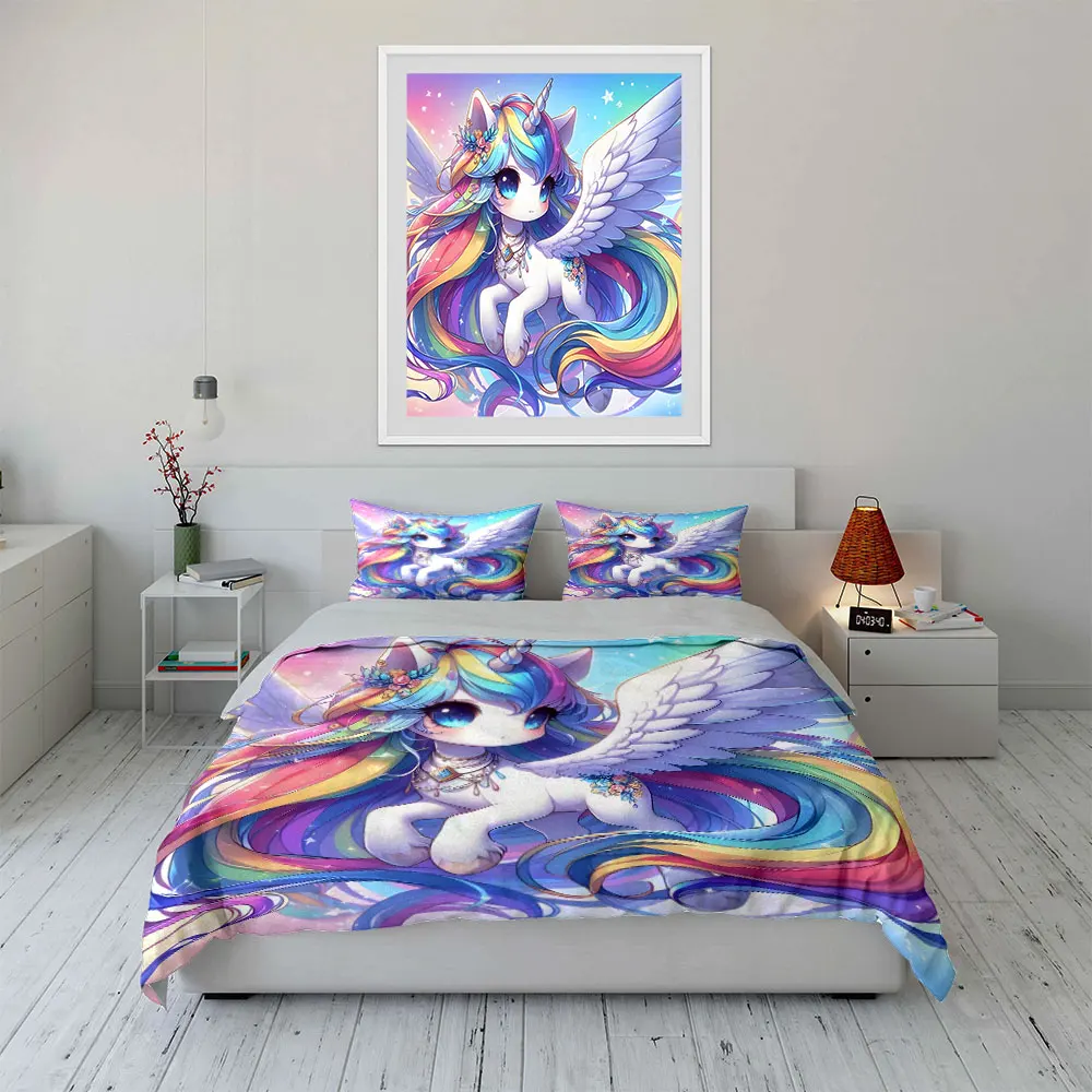 Fantasy rainbow unicorn with wings Pattern Duvet Cover Set Digital Print Colorful Polyester Bedding with Zipper Closur for gifts