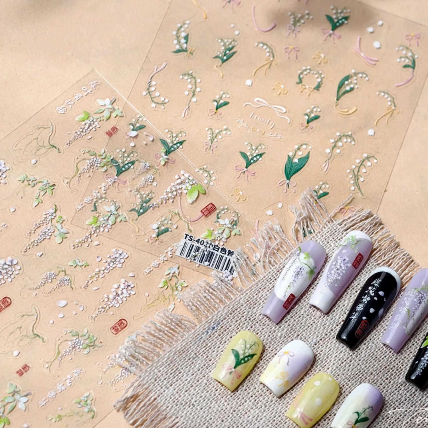 Autocollants pour ongles auto-adhésifs, motif fleurs de lys de la vallée, vigne violette, glycine, nœud papillon et poème chinois, style antique et chic, pour manucure