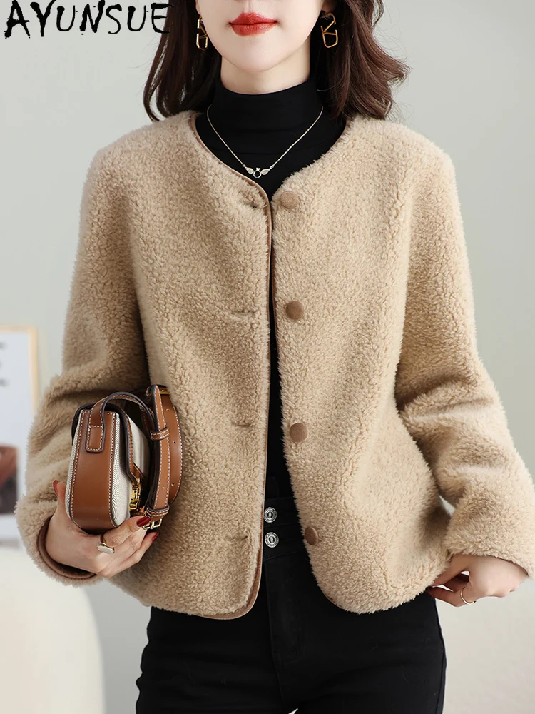 เสื้อโค้ทขนสัตว์แท้ 100% ยี่ห้อ AYUNSUE สำหรับผู้หญิง ทำจากขนแกะแท้ แจ็คเก็ตขนแกะสำหรับฤดูใบไม้ร่วงและฤดูหนาว เสื้อผ้าขนสัตว์ผสม รุ่นใหม่ล่าสุดสำหรับผู้หญิง ประจำปี 2025