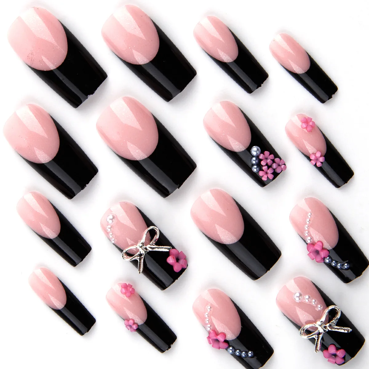 24pcs Long Coffin Ballet Fake Nails Black Edge French Bowknot Pink Flower Decor Press On Nails Sweet Cool False Nail For Women