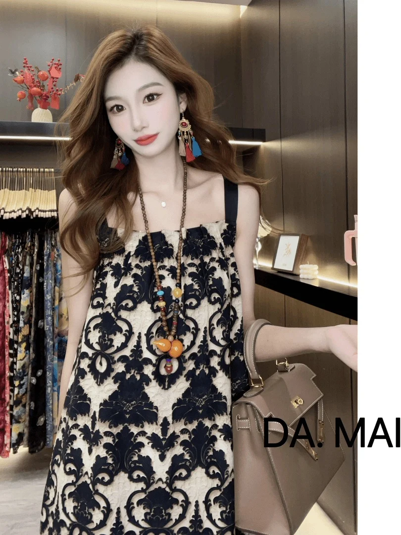 Summer 2025 New Chinese Sle Satin Material Luxury Loose Midi Length Print Svel Dr Ele Skirt Polyester Fiber